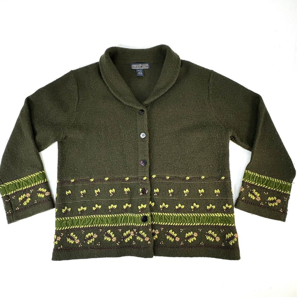 Vtg Herman Geist Jacket Womens Large Green 100% Wool 5 Button Sweater Jacket